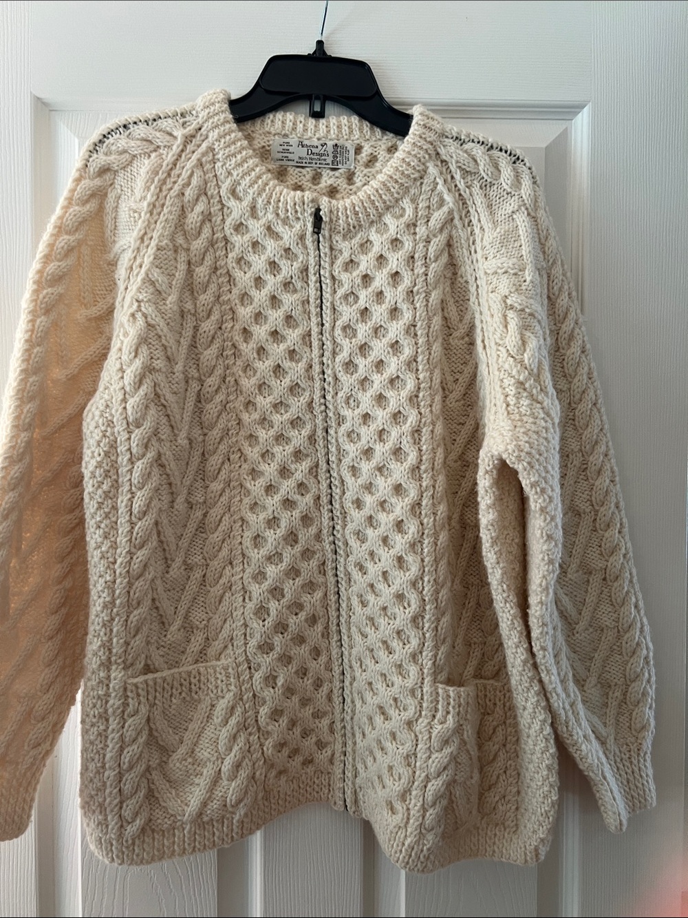 Made in Ireland Athena Designs 100% Wool Zip Cream Cable Zip-Front Cardigan